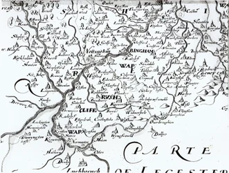 Detail einer Karte der Grafschaft Nottinghamshire mit der Stadt Nottingham, 1642
